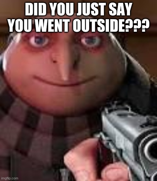 Gru with Gun | DID YOU JUST SAY YOU WENT OUTSIDE??? | image tagged in gru with gun | made w/ Imgflip meme maker
