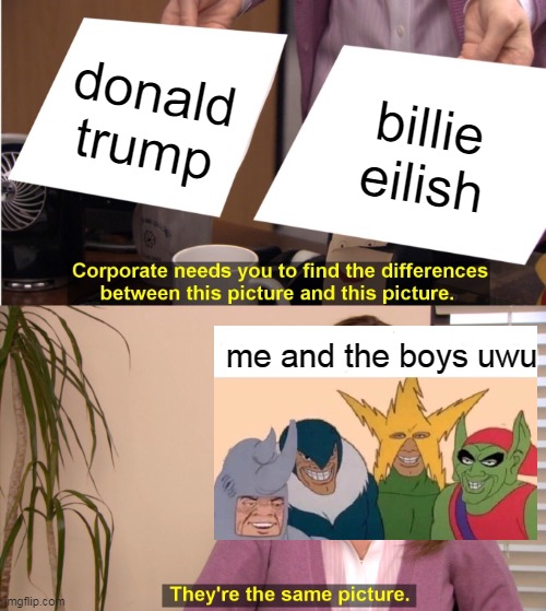 "They are also bad guys." | donald trump; billie eilish; me and the boys uwu | image tagged in memes,they're the same picture,donald trump,billie eilish,me and the boys,crossover | made w/ Imgflip meme maker