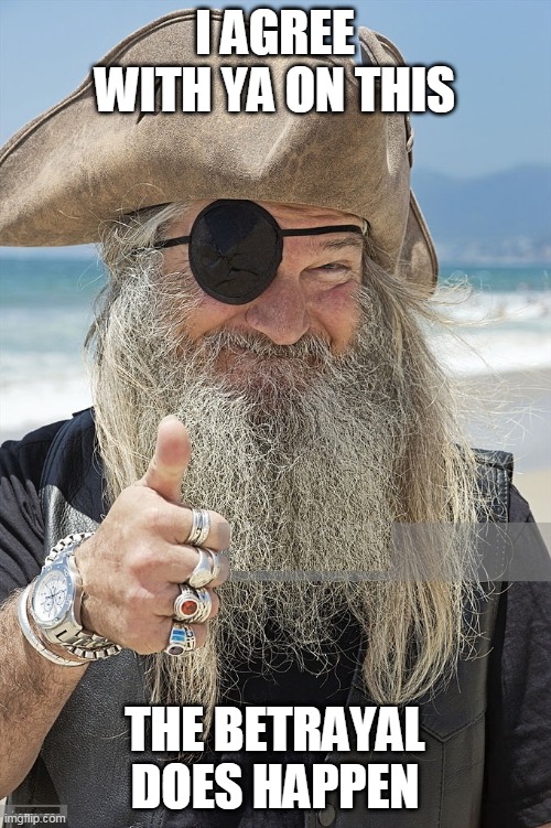 PIRATE THUMBS UP | I AGREE WITH YA ON THIS THE BETRAYAL DOES HAPPEN | image tagged in pirate thumbs up | made w/ Imgflip meme maker