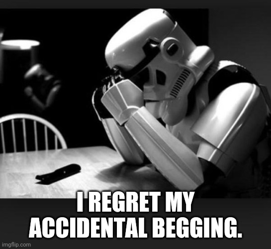 Regret | I REGRET MY ACCIDENTAL BEGGING. | image tagged in regret | made w/ Imgflip meme maker