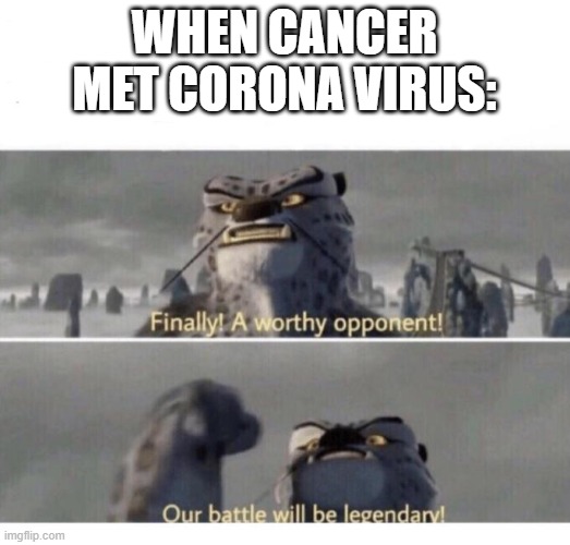 Our Battle will be Legendary! | WHEN CANCER MET CORONA VIRUS: | image tagged in our battle will be legendary | made w/ Imgflip meme maker