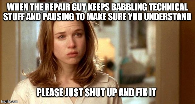 Zellweger - Shut Up | WHEN THE REPAIR GUY KEEPS BABBLING TECHNICAL STUFF AND PAUSING TO MAKE SURE YOU UNDERSTAND; PLEASE JUST SHUT UP AND FIX IT | image tagged in zellweger - shut up | made w/ Imgflip meme maker