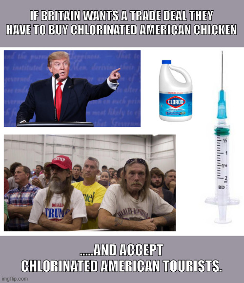 President Chlorox | IF BRITAIN WANTS A TRADE DEAL THEY HAVE TO BUY CHLORINATED AMERICAN CHICKEN; .....AND ACCEPT CHLORINATED AMERICAN TOURISTS. | image tagged in trump,covid-19,brexit | made w/ Imgflip meme maker