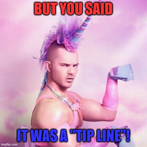 Unicorn MAN Meme | BUT YOU SAID IT WAS A "TIP LINE"! | image tagged in memes,unicorn man | made w/ Imgflip meme maker