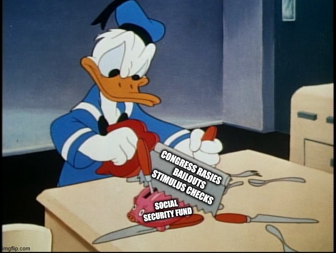 Donald Piggy Bank | CONGRESS RASIES     BAILOUTS  STIMULUS CHECKS; SOCIAL SECURITY FUND | image tagged in donald duck piggy bank | made w/ Imgflip meme maker