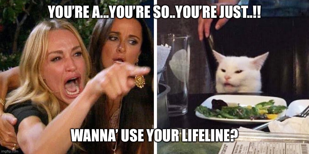 Contestants 1 & 2 | YOU’RE A...YOU’RE SO..YOU’RE JUST..!! WANNA’ USE YOUR LIFELINE? | image tagged in smudge the cat | made w/ Imgflip meme maker