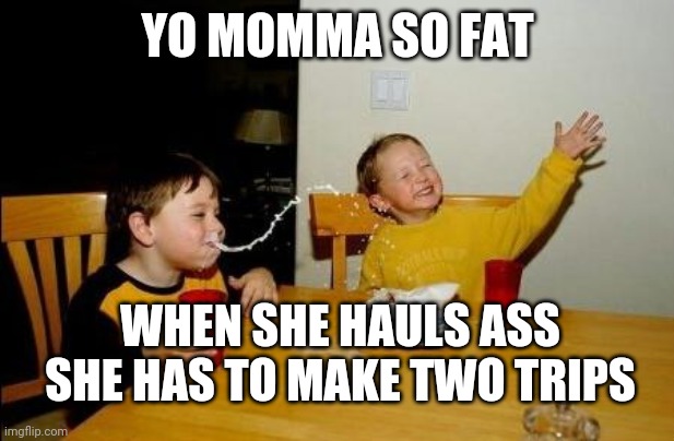Now that's fat. | YO MOMMA SO FAT; WHEN SHE HAULS ASS SHE HAS TO MAKE TWO TRIPS | image tagged in yo momma so fat,fat,weight,yo momma | made w/ Imgflip meme maker