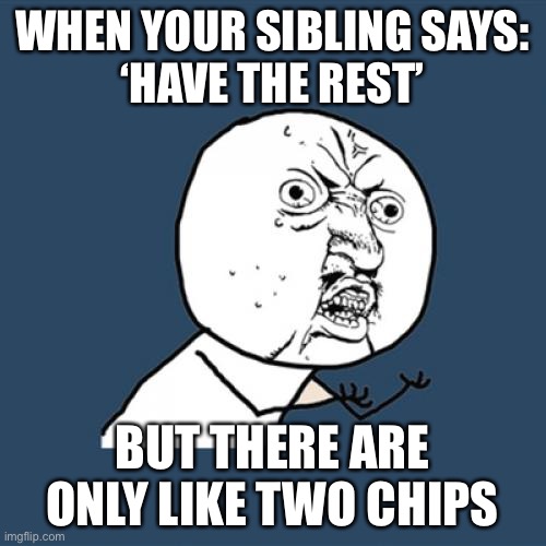 So true tho | WHEN YOUR SIBLING SAYS:
‘HAVE THE REST’; BUT THERE ARE ONLY LIKE TWO CHIPS | image tagged in memes,y u no | made w/ Imgflip meme maker