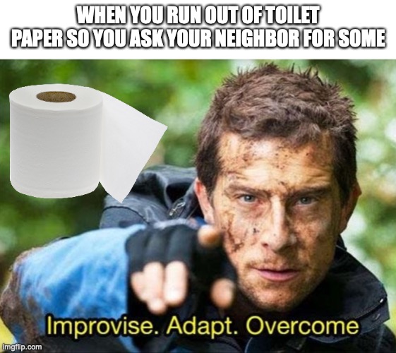 toilet paper adapt | WHEN YOU RUN OUT OF TOILET PAPER SO YOU ASK YOUR NEIGHBOR FOR SOME | image tagged in bear grylls improvise adapt overcome | made w/ Imgflip meme maker