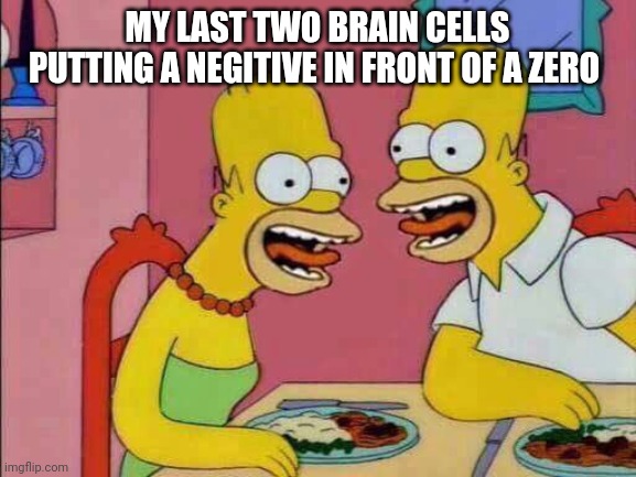 My Last Two Brain Cells | MY LAST TWO BRAIN CELLS PUTTING A NEGITIVE IN FRONT OF A ZERO | image tagged in my last two brain cells | made w/ Imgflip meme maker
