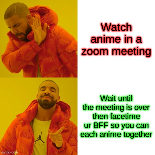 me in a choir zoom meeting. | Watch anime in a zoom meeting; Wait until the meeting is over then facetime ur BFF so you can each anime together | image tagged in memes,drake hotline bling | made w/ Imgflip meme maker