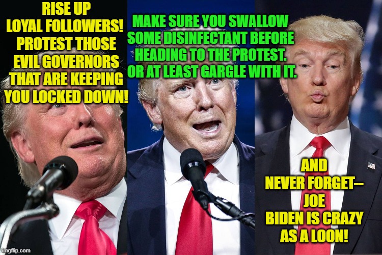 Je Biden is senile | RISE UP LOYAL FOLLOWERS!  PROTEST THOSE EVIL GOVERNORS THAT ARE KEEPING YOU LOCKED DOWN! MAKE SURE YOU SWALLOW SOME DISINFECTANT BEFORE HEADING TO THE PROTEST.  OR AT LEAST GARGLE WITH IT. AND NEVER FORGET-- JOE BIDEN IS CRAZY AS A LOON! | image tagged in donald trump,donald trump approves,joe biden,donald trump is an idiot,protesters | made w/ Imgflip meme maker