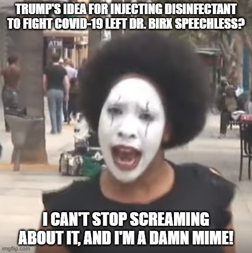 Mime Lady On COVID-19 and Disinfectant | TRUMP'S IDEA FOR INJECTING DISINFECTANT TO FIGHT COVID-19 LEFT DR. BIRX SPEECHLESS? I CAN'T STOP SCREAMING ABOUT IT, AND I'M A DAMN MIME! | image tagged in crazy mime lady,donald trump,covid-19,deborah birx | made w/ Imgflip meme maker