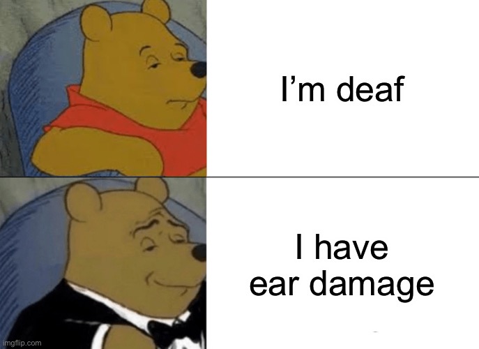 Ear damage bad |  I’m deaf; I have ear damage | image tagged in memes,tuxedo winnie the pooh | made w/ Imgflip meme maker
