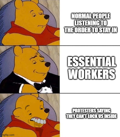 quarantine chart | NORMAL PEOPLE LISTENING TO THE ORDER TO STAY IN; ESSENTIAL WORKERS; PROTESTERS SAYING THEY CAN'T LOCK US INSIDE | image tagged in best better blurst | made w/ Imgflip meme maker