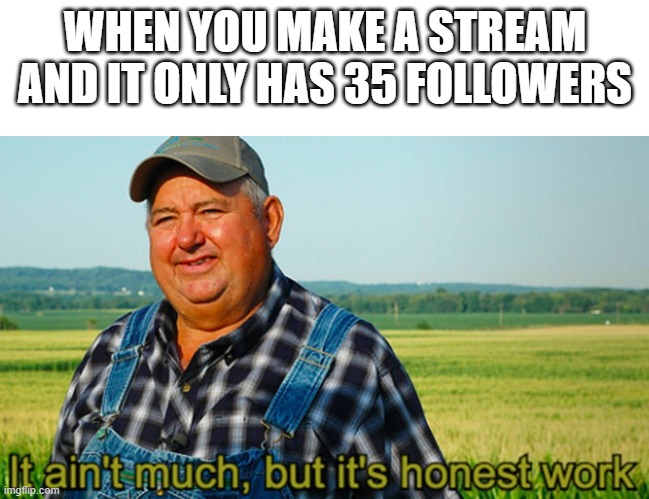 It ain't much but it's honest work | WHEN YOU MAKE A STREAM AND IT ONLY HAS 35 FOLLOWERS | image tagged in it ain't much but it's honest work,memes,funny memes,clean_memes | made w/ Imgflip meme maker