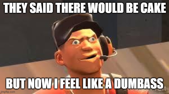 True | THEY SAID THERE WOULD BE CAKE; BUT NOW I FEEL LIKE A DUMBASS | image tagged in team fortress 2 | made w/ Imgflip meme maker