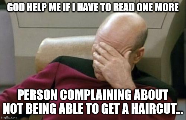 Isolation Haircut |  GOD HELP ME IF I HAVE TO READ ONE MORE; PERSON COMPLAINING ABOUT NOT BEING ABLE TO GET A HAIRCUT... | image tagged in memes,captain picard facepalm | made w/ Imgflip meme maker