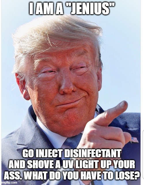 Trump pointing | I AM A "JENIUS" GO INJECT DISINFECTANT AND SHOVE A UV LIGHT UP YOUR ASS. WHAT DO YOU HAVE TO LOSE? | image tagged in trump pointing | made w/ Imgflip meme maker