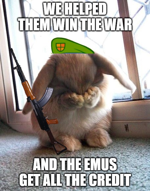 Everyone forgot about the rabbits | WE HELPED THEM WIN THE WAR; AND THE EMUS GET ALL THE CREDIT | image tagged in embarrassed bunny,great emu war,emu,rabbit,soldier | made w/ Imgflip meme maker