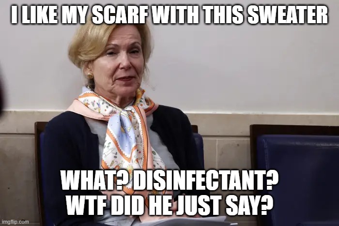 Birx | I LIKE MY SCARF WITH THIS SWEATER; WHAT? DISINFECTANT? WTF DID HE JUST SAY? | image tagged in donald trump | made w/ Imgflip meme maker