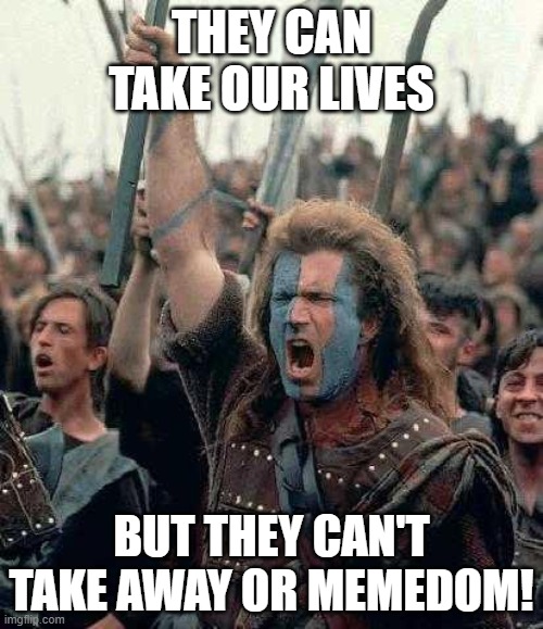 Braveheart | THEY CAN TAKE OUR LIVES; BUT THEY CAN'T TAKE AWAY OR MEMEDOM! | image tagged in braveheart | made w/ Imgflip meme maker