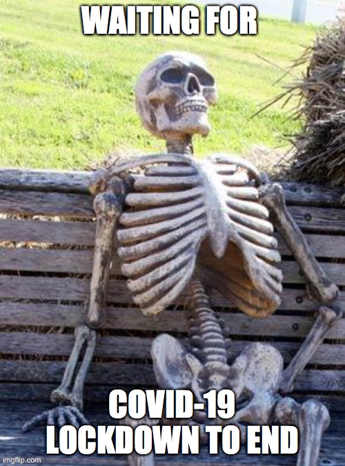 Waiting Skeleton Meme | WAITING FOR; COVID-19 LOCKDOWN TO END | image tagged in memes,waiting skeleton | made w/ Imgflip meme maker