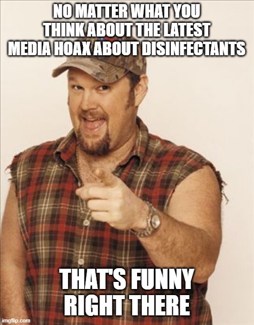 Larry The Cable Guy | NO MATTER WHAT YOU THINK ABOUT THE LATEST MEDIA HOAX ABOUT DISINFECTANTS THAT'S FUNNY RIGHT THERE | image tagged in larry the cable guy | made w/ Imgflip meme maker