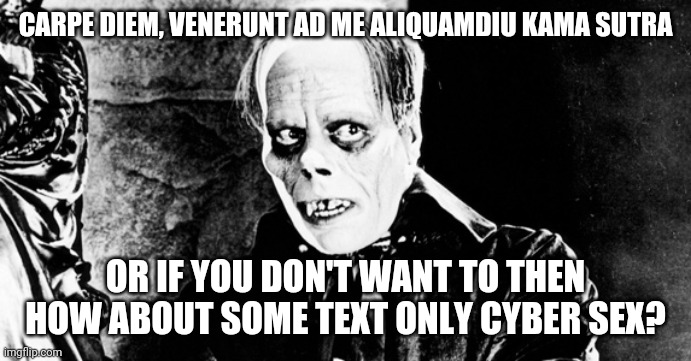 CARPE DIEM, VENERUNT AD ME ALIQUAMDIU KAMA SUTRA; OR IF YOU DON'T WANT TO THEN HOW ABOUT SOME TEXT ONLY CYBER SEX? | made w/ Imgflip meme maker