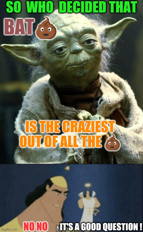 SO  WHO  DECIDED THAT; BAT💩; IS THE CRAZIEST OUT OF ALL THE 💩; NO NO; IT'S A GOOD QUESTION ! | image tagged in memes,star wars yoda,no no hes got a point,funny | made w/ Imgflip meme maker