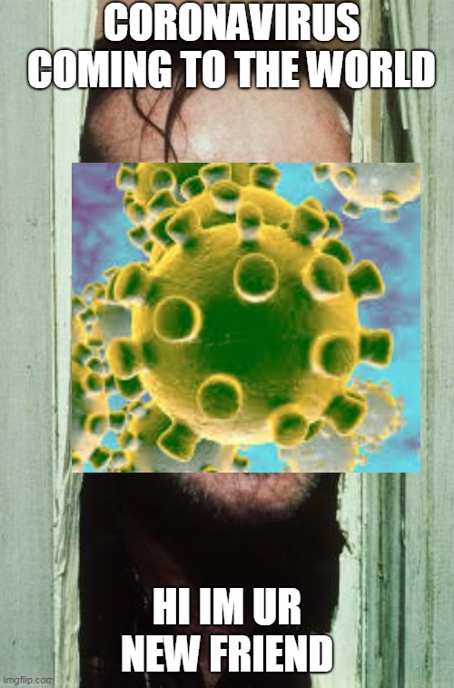 Coronavirus coming 2 the world | CORONAVIRUS COMING TO THE WORLD; HI IM UR NEW FRIEND | image tagged in memes,here's johnny | made w/ Imgflip meme maker