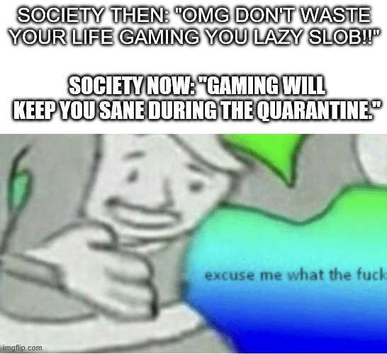 Excuse me wtf blank template | SOCIETY THEN: "OMG DON'T WASTE YOUR LIFE GAMING YOU LAZY SLOB!!"; SOCIETY NOW: "GAMING WILL KEEP YOU SANE DURING THE QUARANTINE." | image tagged in excuse me wtf blank template | made w/ Imgflip meme maker