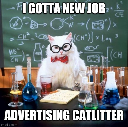Chemistry Cat Meme | I GOTTA NEW JOB; ADVERTISING CATLITTER | image tagged in memes,chemistry cat | made w/ Imgflip meme maker