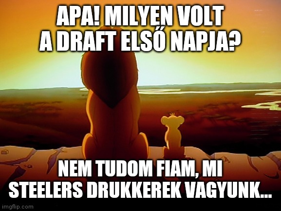 Lion King Meme | APA! MILYEN VOLT A DRAFT ELSŐ NAPJA? NEM TUDOM FIAM, MI STEELERS DRUKKEREK VAGYUNK... | image tagged in memes,lion king | made w/ Imgflip meme maker
