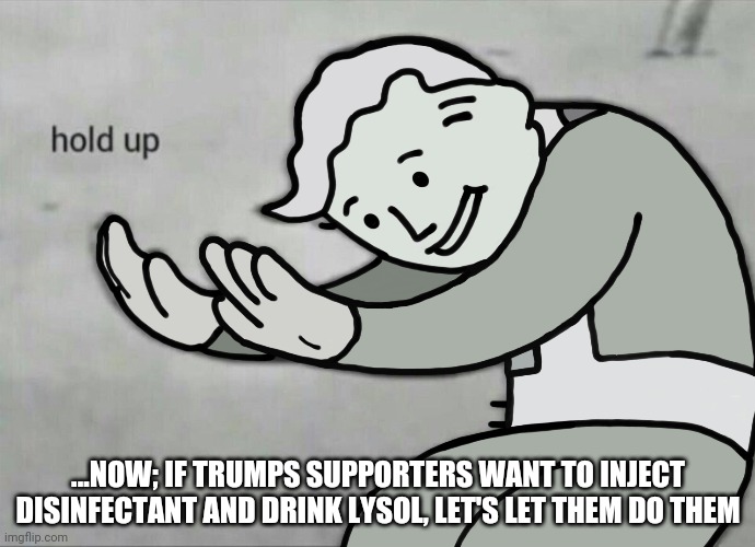 Covid 19 | ...NOW; IF TRUMPS SUPPORTERS WANT TO INJECT DISINFECTANT AND DRINK LYSOL, LET'S LET THEM DO THEM | image tagged in covid-19,donald trump | made w/ Imgflip meme maker