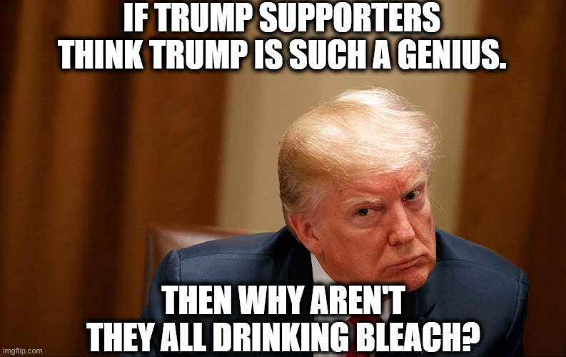Makes ya think.... | IF TRUMP SUPPORTERS THINK TRUMP IS SUCH A GENIUS. THEN WHY AREN'T THEY ALL DRINKING BLEACH? | image tagged in donald trump,coronavirus,covid-19,trump supporters,bleach,stupidity | made w/ Imgflip meme maker