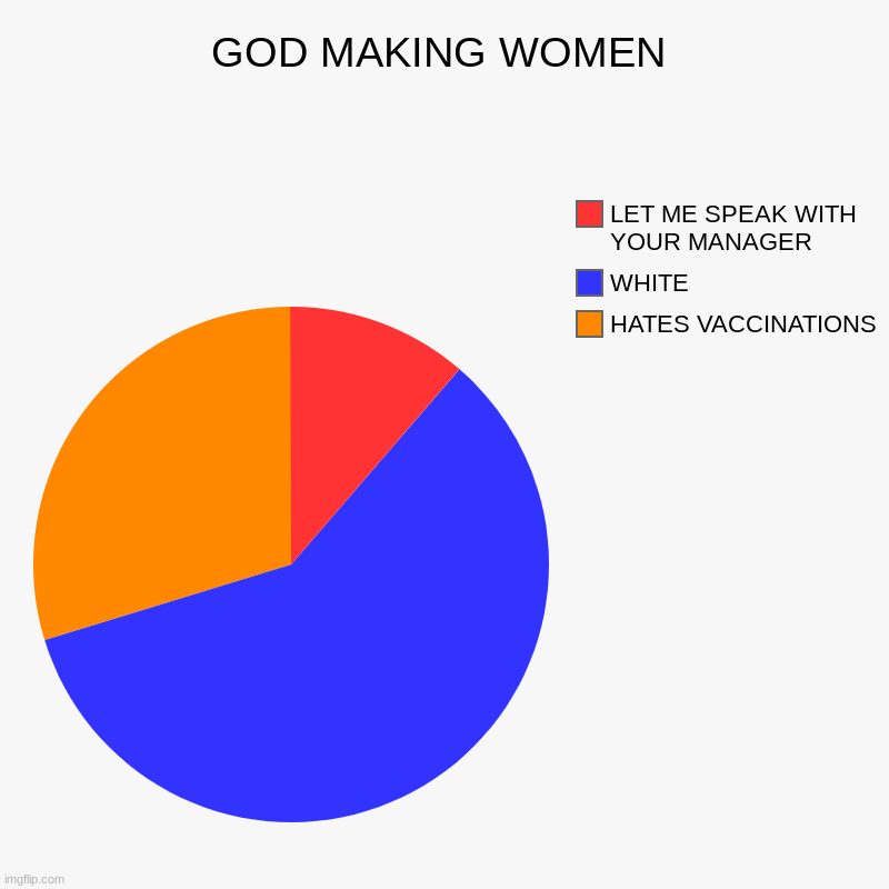 GOD MAKING WOMEN | HATES VACCINATIONS, WHITE, LET ME SPEAK WITH YOUR MANAGER | image tagged in charts,pie charts | made w/ Imgflip chart maker