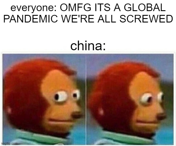 damnit, china (not chinese people tho thats racist) | everyone: OMFG ITS A GLOBAL PANDEMIC WE'RE ALL SCREWED; china: | image tagged in memes,monkey puppet | made w/ Imgflip meme maker