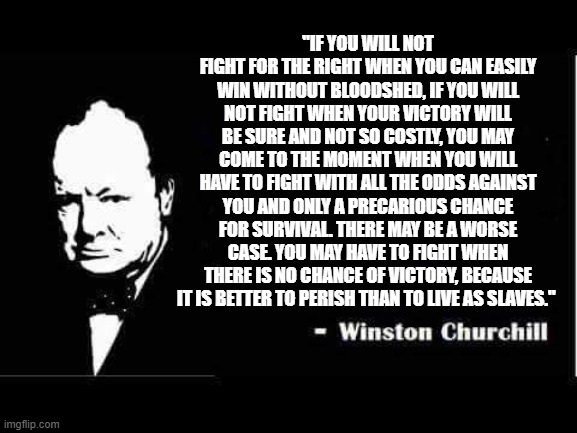Winston Churchill Fight | "IF YOU WILL NOT FIGHT FOR THE RIGHT WHEN YOU CAN EASILY WIN WITHOUT BLOODSHED, IF YOU WILL NOT FIGHT WHEN YOUR VICTORY WILL BE SURE AND NOT SO COSTLY, YOU MAY COME TO THE MOMENT WHEN YOU WILL HAVE TO FIGHT WITH ALL THE ODDS AGAINST YOU AND ONLY A PRECARIOUS CHANCE FOR SURVIVAL. THERE MAY BE A WORSE CASE. YOU MAY HAVE TO FIGHT WHEN THERE IS NO CHANCE OF VICTORY, BECAUSE IT IS BETTER TO PERISH THAN TO LIVE AS SLAVES." | image tagged in churchill | made w/ Imgflip meme maker