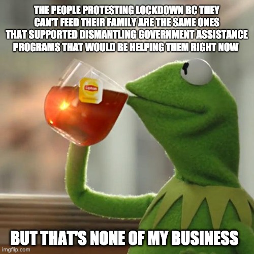 But That's None Of My Business | THE PEOPLE PROTESTING LOCKDOWN BC THEY CAN'T FEED THEIR FAMILY ARE THE SAME ONES THAT SUPPORTED DISMANTLING GOVERNMENT ASSISTANCE PROGRAMS THAT WOULD BE HELPING THEM RIGHT NOW; BUT THAT'S NONE OF MY BUSINESS | image tagged in memes,but that's none of my business,kermit the frog | made w/ Imgflip meme maker