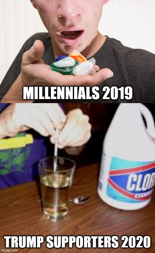 I think it started with: "hold my beer and watch this' | MILLENNIALS 2019; TRUMP SUPPORTERS 2020 | image tagged in tide pods,special kind of stupid,donald trump approves | made w/ Imgflip meme maker