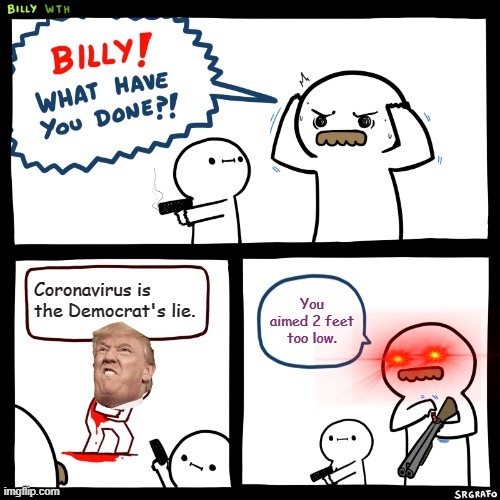 Really, Trump... | Coronavirus is the Democrat's lie. You aimed 2 feet too low. | image tagged in billy what have you done | made w/ Imgflip meme maker