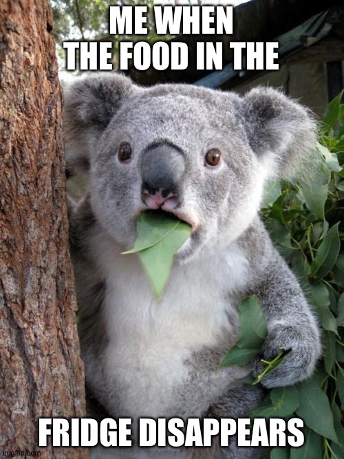 Quârintine be like | ME WHEN THE FOOD IN THE; FRIDGE DISAPPEARS | image tagged in memes,surprised koala | made w/ Imgflip meme maker