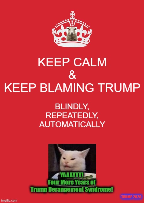 Keep Calm And Carry On Red | KEEP CALM
&
KEEP BLAMING TRUMP; BLINDLY,
REPEATEDLY,
AUTOMATICALLY; YAAAYYY!
Four More Years of
Trump Derangement Syndrome! TRUMP 2020 | image tagged in keep calm and carry on red,msm lies,sheeple,cnn fake news,hillary for prison,creepy joe biden | made w/ Imgflip meme maker