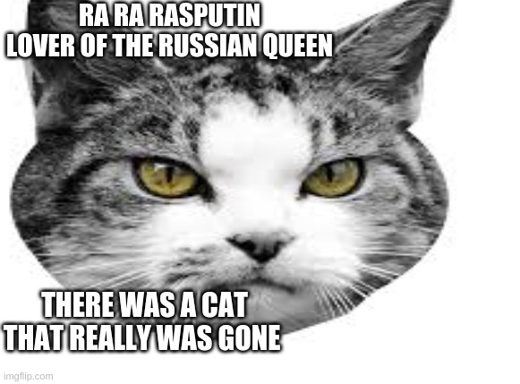 Ra Ra rasputin | RA RA RASPUTIN LOVER OF THE RUSSIAN QUEEN; THERE WAS A CAT THAT REALLY WAS GONE | image tagged in cat memes | made w/ Imgflip meme maker