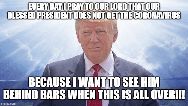 St. Trump | EVERY DAY I PRAY TO OUR LORD THAT OUR BLESSED PRESIDENT DOES NOT GET THE CORONAVIRUS; BECAUSE I WANT TO SEE HIM BEHIND BARS WHEN THIS IS ALL OVER!!! | image tagged in trump,president,idiot,jail,prison,coronavirus | made w/ Imgflip meme maker