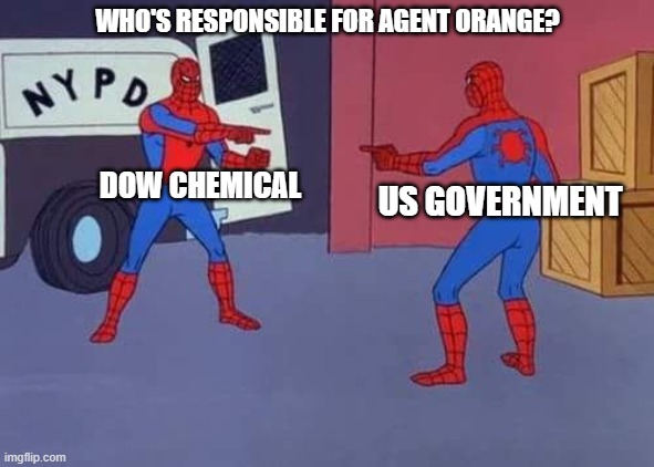 Spiderman mirror | WHO'S RESPONSIBLE FOR AGENT ORANGE? DOW CHEMICAL; US GOVERNMENT | image tagged in spiderman mirror | made w/ Imgflip meme maker