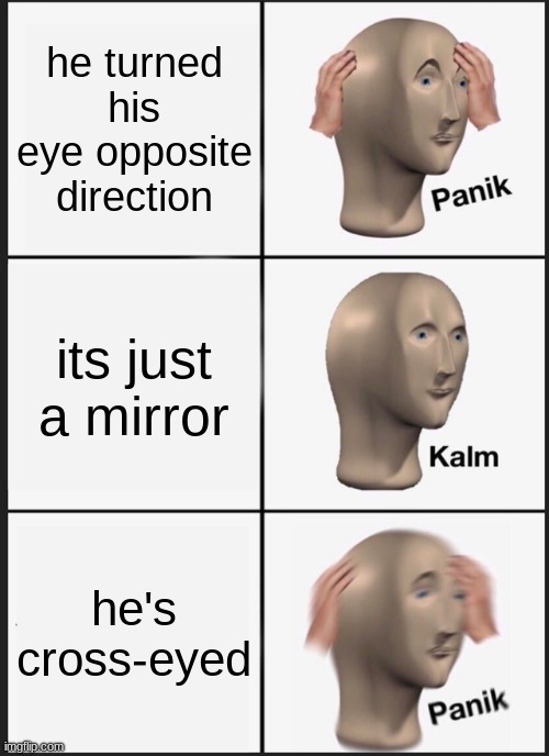 Panik Kalm Panik Meme | he turned his eye opposite direction its just a mirror he's cross-eyed | image tagged in memes,panik kalm panik | made w/ Imgflip meme maker