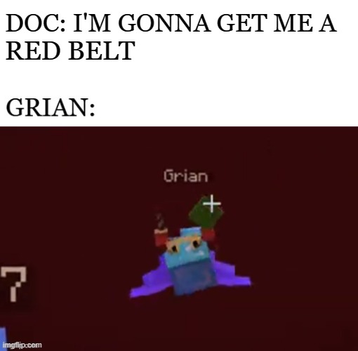 Pesky Bird! Grian swipes another belt | DOC: I'M GONNA GET ME A; RED BELT | image tagged in minecraft | made w/ Imgflip meme maker