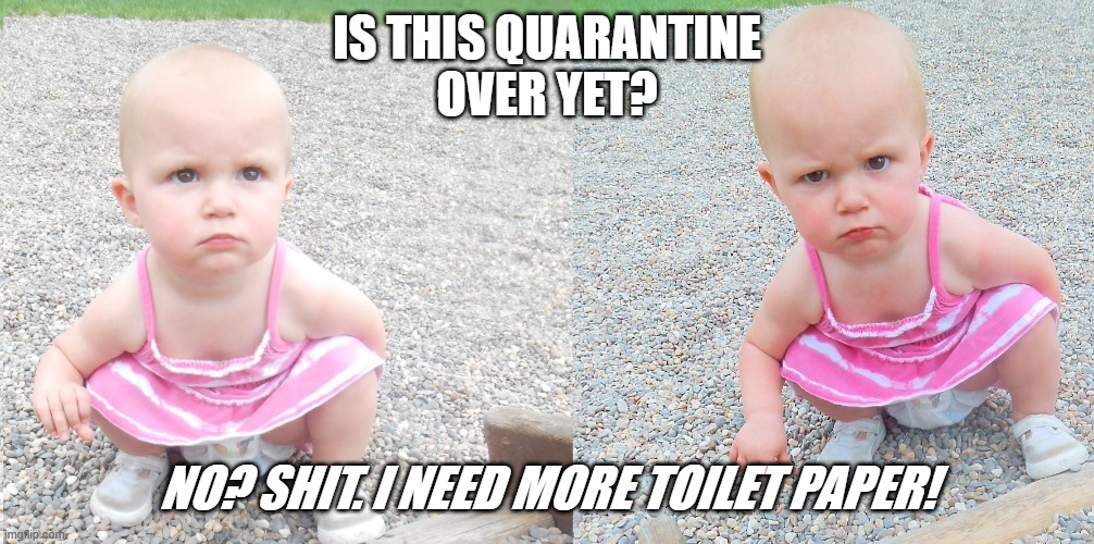 Baby Natalie says | IS THIS QUARANTINE
OVER YET? NO? SHIT. I NEED MORE TOILET PAPER! | image tagged in baby natalie says | made w/ Imgflip meme maker